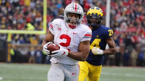 Nov 30, 2019; Ann Arbor, MI, USA; Ohio State Buckeyes running back J.K. Dobbins (2) rushes for a touchdown in the second half against the Michigan Wolverines at Michigan Stadium. Mandatory Credit: Rick Osentoski-USA TODAY Sports