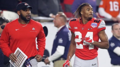 Dec 28, 2019; Glendale, AZ, USA; Ohio State Buckeyes cornerback Shaun Wade (24) leaves the field after being ejected for targeting in the 2019 Fiesta Bowl college football playoff semifinal game against the Clemson Tigers at State Farm Stadium. Mandatory Credit: Mark J. Rebilas-USA TODAY Sports