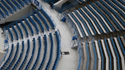 Aug 11, 2018; Mason, OH, USA; A view of empty seats at center court as rain falls and play is stopped due to weather in the Western and Southern tennis open at Lindner Family Tennis Center. Mandatory Credit: Aaron Doster-USA TODAY Sports