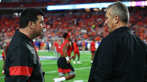 Ohio State head coach Ryan Day with former coach Urban Meyer