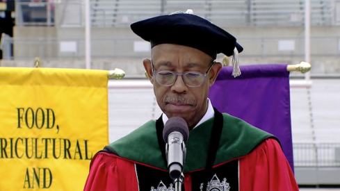 President Michael Drake in today's virtual commencement. 