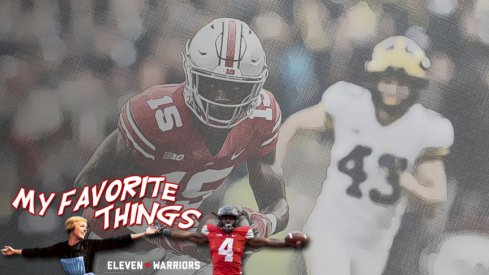 Nov 24, 2018; Columbus, OH, USA; Ohio State Buckeyes cornerback Sevyn Banks (12) recovers a blocked punt and returns it for a touchdown during the third quarter against the Michigan Wolverines at Ohio Stadium. Mandatory Credit: Joe Maiorana-USA TODAY Sports