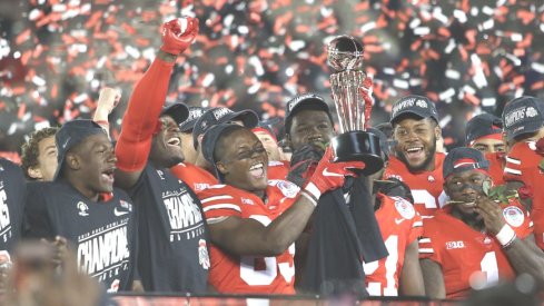 The Ohio State Buckeyes party after a Rose Bowl win