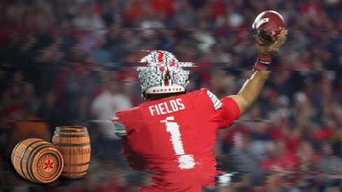 Dec 28, 2019; Glendale, AZ, USA; Ohio State Buckeyes quarterback Justin Fields (1) against the Clemson Tigers during the 2019 Fiesta Bowl college football playoff semifinal game at State Farm Stadium. Mandatory Credit: Mark J. Rebilas-USA TODAY Sports