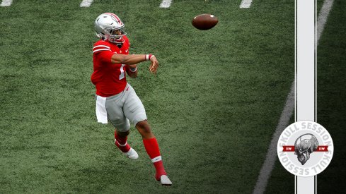 Justin Fields throws the ball in today's skull session.