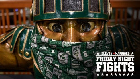 The Sparty inside the MSU Union is equipped with a mask photographed on Monday, Aug. 17, 2020, in East Lansing.
