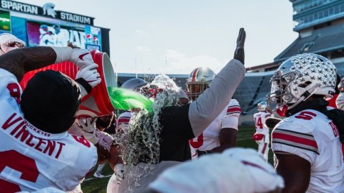 Larry Johnson enjoys a Gatorade bath. 