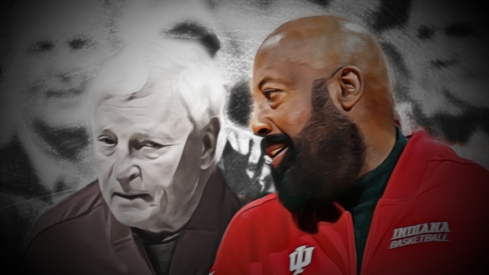 Feb 8, 2020; Bloomington, Indiana, USA; Indiana Hoosiers legendary coach Bob Knight with Mike Woodson during a halftime tribute to former IU players and Coach Knight at halftime of the game against the Purdue Boilermakers at Simon Skjodt Assembly Hall. Mandatory Credit: Brian Spurlock-USA TODAY Sports