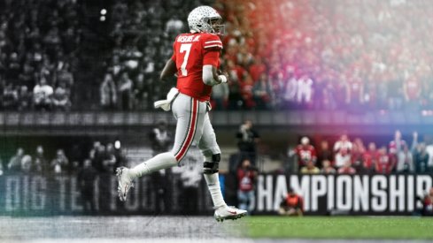 Dec 1, 2018; Indianapolis, IN, USA; Ohio State Buckeyes quarterback Dwayne Haskins (7) reacts after throwing a touchdown pass against the Northwestern Wildcats in the second half in the Big Ten conference championship game at Lucas Oil Stadium. Mandatory Credit: Aaron Doster-USA TODAY Sports