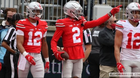 Chris Olave after his touchdown in the spring game