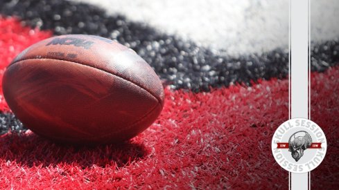 A football lies in the end zone of Ohio Stadium