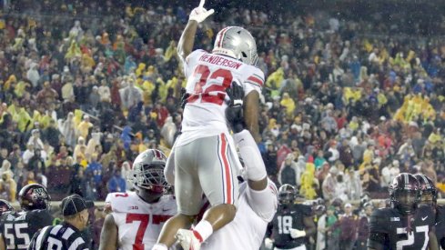 Ohio State running back TreVeyon Henderson celebrates after scoring a touchdown