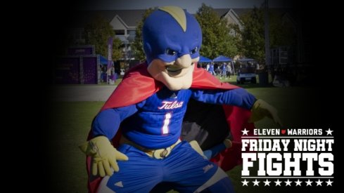 Oct 26, 2019; Tulsa, OK, USA; Tulsa Golden Hurricane mascot plays football with kids before the start of a game against Memphis at Skelly Field at H.A. Chapman Stadium. Mandatory Credit: Alonzo Adams-USA TODAY Sports