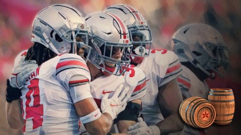 Ohio State Buckeyes linebacker Tommy Eichenberg (35) celebrates with teammates after an interception during the third quarter of a NCAA Division I football game between the Rutgers Scarlet Knights and the Ohio State Buckeyes on Saturday, Oct. 2, 2021 at SHI Stadium in Piscataway, New Jersey.