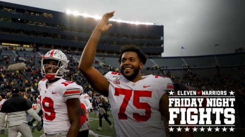 Caption: Ohio State left tackle Thayer Munford (75), here celebrating as he leaves the field after a victory at Michigan last season, has blossomed in his third year as a Buckeyes starter. 