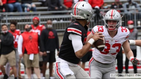 Jack Sawyer pressuring C.J. Stroud in the 2021 spring game