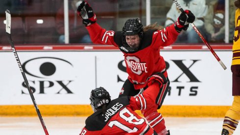 Ohio State women’s hockey celebrates its WCHA Final Faceoff win over Minnesota.