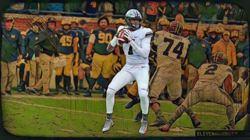 Dwayne Haskins winds up to hit Austin Mack on a 3rd down conversion for the ages in Ann Arbor, 2017