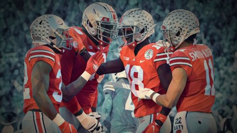 Jan 1, 2022; Pasadena, California, USA; Ohio State Buckeyes wide receiver Marvin Harrison Jr. (18) celebrates with wide receiver Jaxon Smith-Njigba (11) and running back TreVeyon Henderson (32) against the Utah Utes during the 2022 Rose Bowl game at the Rose Bowl. Mandatory Credit: Orlando Ramirez-USA TODAY Sports