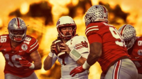 Jan 1, 2022; Pasadena, California, USA; Utah Utes quarterback Cameron Rising (7) looks to pass while pressured by Ohio State Buckeyes defensive end Zach Harrison (9) and defensive tackle Tyleik Williams (91) in the first half during the 2022 Rose Bowl game at the Rose Bowl. Mandatory Credit: Orlando Ramirez-USA TODAY Sports