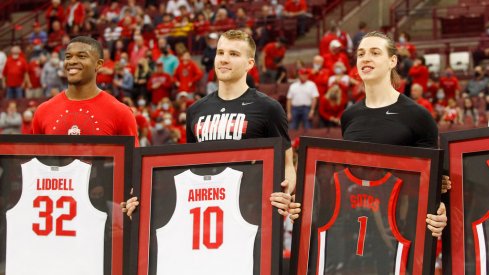 Justin Ahrens, Jimmy Sotos, and E.J. Liddell of Ohio State Basketball