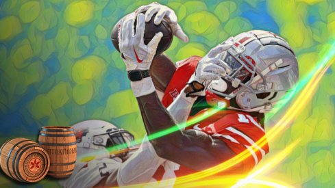 Sep 10, 2022; Columbus, Ohio, USA; Ohio State Buckeyes wide receiver Marvin Harrison Jr. (18) makes the touchdown catch over Arkansas State Red Wolves cornerback Leon Jones (2) during the second half at Ohio Stadium. Mandatory Credit: Joseph Maiorana-USA TODAY Sports