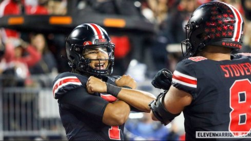 C.J. Stroud and Cade Stover celebrate
