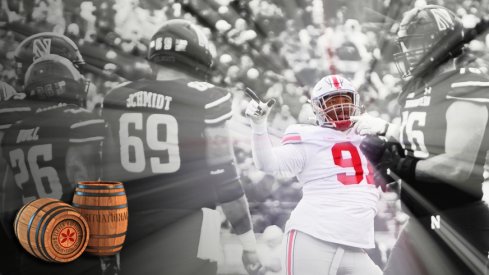 Nov 5, 2022; Evanston, Illinois, USA; Ohio State Buckeyes defensive tackle Tyleik Williams (91) signals a penalty on the Northwestern Wildcats offense during the second half of the NCAA football game at Ryan Field. Ohio State won 21-7. Mandatory Credit: Adam Cairns-The Columbus Dispatch Ncaa Football Ohio State Buckeyes At Northwestern Wildcats