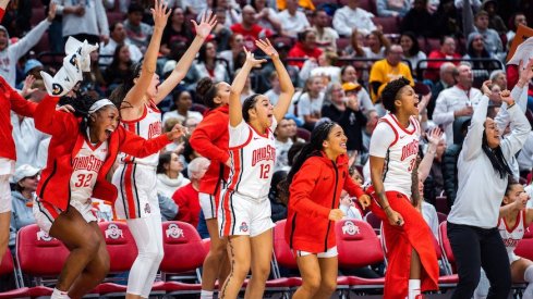 Ohio State women’s basketball celebrates during its win over Tennessee.