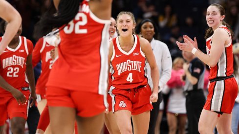 Ohio State women’s basketball celebrates its Big Ten Tournament win over Indiana