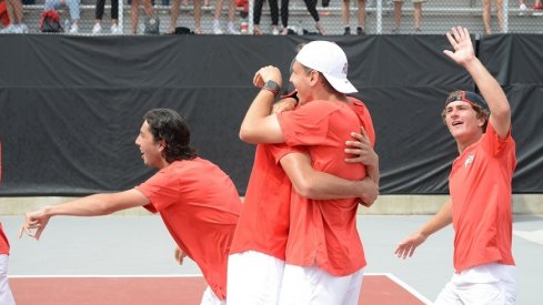 Ohio State men's tennis team celebrating its win in the NCAA Super Regional