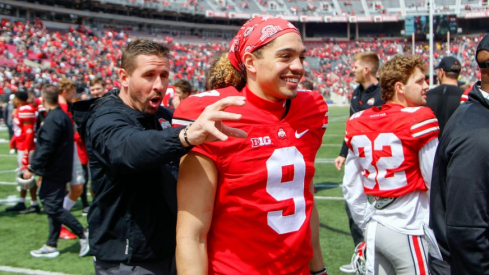 Ohio State coach Brian Hartline and wideout Jayden Ballard