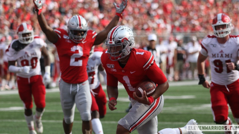 Former Ohio State Buckeye football players Justin Fields and J.K. Dobbins