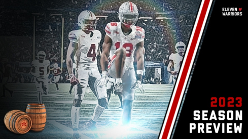 Dec 31, 2022; Atlanta, Georgia, USA; Ohio State Buckeyes wide receiver Marvin Harrison Jr. (18) celebrates his touchdown catch against Georgia Bulldogs during the first quarter of the Peach Bowl in the College Football Playoff semifinal at Mercedes-Benz Stadium. 