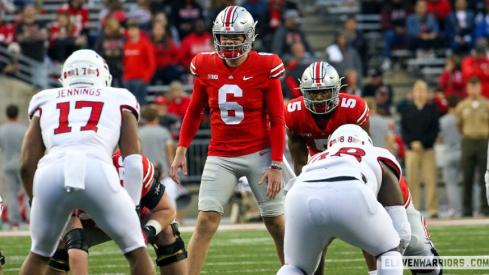 Quarterback Kyle McCord and running back Dallan Hayden of The Ohio State Buckeyes