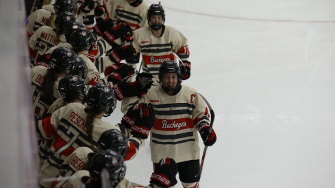 Ohio State women’s hockey players celebrate