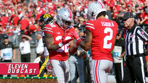 Ohio State football players TreVeyon Henderson (left) and Emeka Egbuka (right)