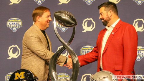 Eliah Drinkwitz and Ryan Day with the Cotton Bowl trophy