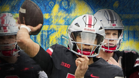 Ohio State Buckeyes quarterback C.J. Stroud, center, throws in front of quarterbacks Kyle McCord, left, and Devin Brown during the spring football game at Ohio Stadium in Columbus on April 16, 2022