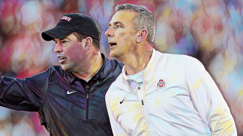 Ohio State Buckeyes head coach Urban Meyer and offensive coordinator Ryan Day yell from the sideline during the second quarter of the Rose Bowl in Pasadena, Calif. on Jan. 1, 2019. [Adam Cairns/Dispatch]