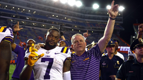 Former LSU wide receiver Kayshon Boutte (left) and current head coach Brian Kelly (right)