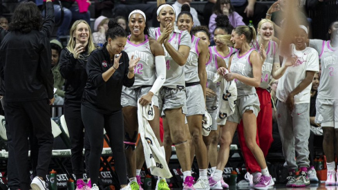 Ohio State women’s basketball celebrates during its win against Michigan State