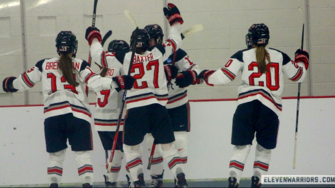 Ohio State women’s hockey celebrates a goal in Saturday’s win