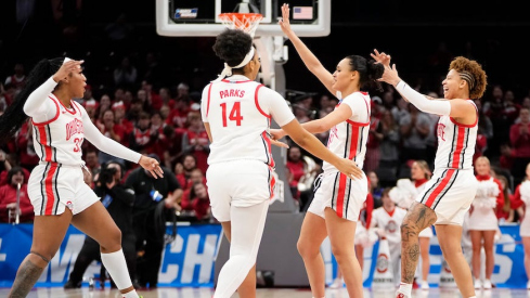 Ohio State celebrates a 3-pointer by Rikki Harris