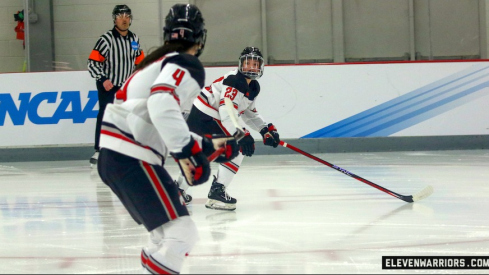 Cayla Barnes and Stephanie Markowski in Ohio State’s NCAA quarterfinal win over Minnesota Duluth