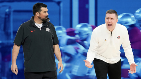 Mar 7, 2024; Columbus, OH, USA; Ohio State Buckeyes head coach Ryan Day watches players run during spring football practice at the Woody Hayes Athletic Center.