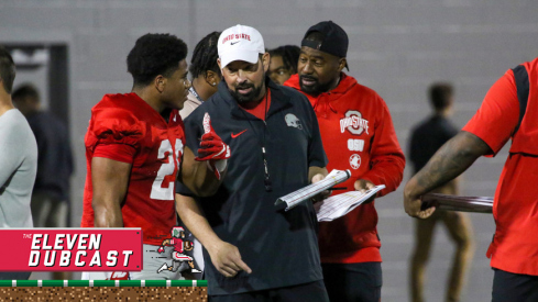 Ohio State head coach Ryan Day and James Peeples