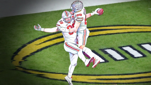 Jan 1, 2021; New Orleans, LA, USA; Ohio State Buckeyes tight end Luke Farrell (89) celebrates his touchdown reception against the Clemson Tigers with tight end Jeremy Ruckert (88) during the first quarter at Mercedes-Benz Superdome. Mandatory Credit: Russell Costanza-USA TODAY Sports