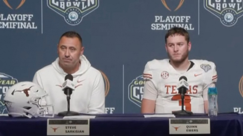 Texas Longhorns head coach Steve Sarkisian (left) and quarterback Quinn Ewers (right)