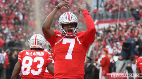 Dwayne Haskins celebrating Ohio State’s 2018 win over Michigan